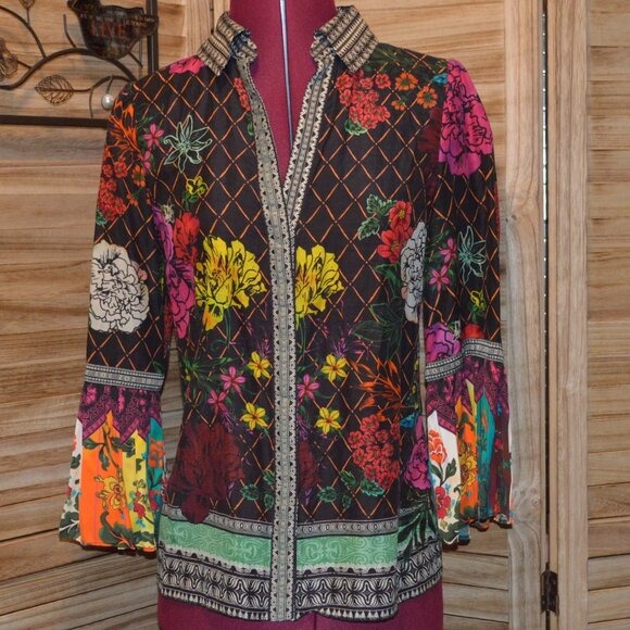 Alice Olivia XS Cotton/Silk L/S Blouse Vibrant Floral Pattern Flounce Sleeves - Picture 1 of 7